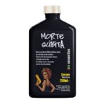 Método Curly Champú Hidratante Morte Súbita 250ml. Botella de color negro con el dibujo de una chica con el pelo rizado llevando un secador en la mano.